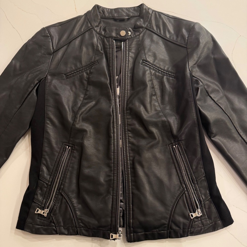 Guess Womens Black Faux Leather Moto Jacket Floral Lining Size Large RN 54163